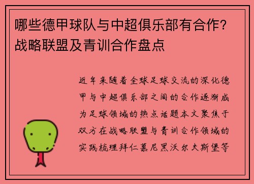 哪些德甲球队与中超俱乐部有合作？战略联盟及青训合作盘点