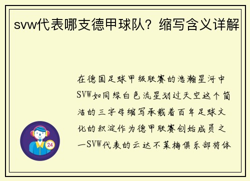 svw代表哪支德甲球队？缩写含义详解
